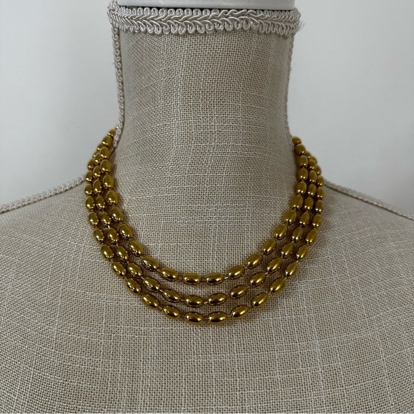 Vintage Rare Monet Three Strand Gold-Toned Beaded Chain Necklace - Picture 1 of 7